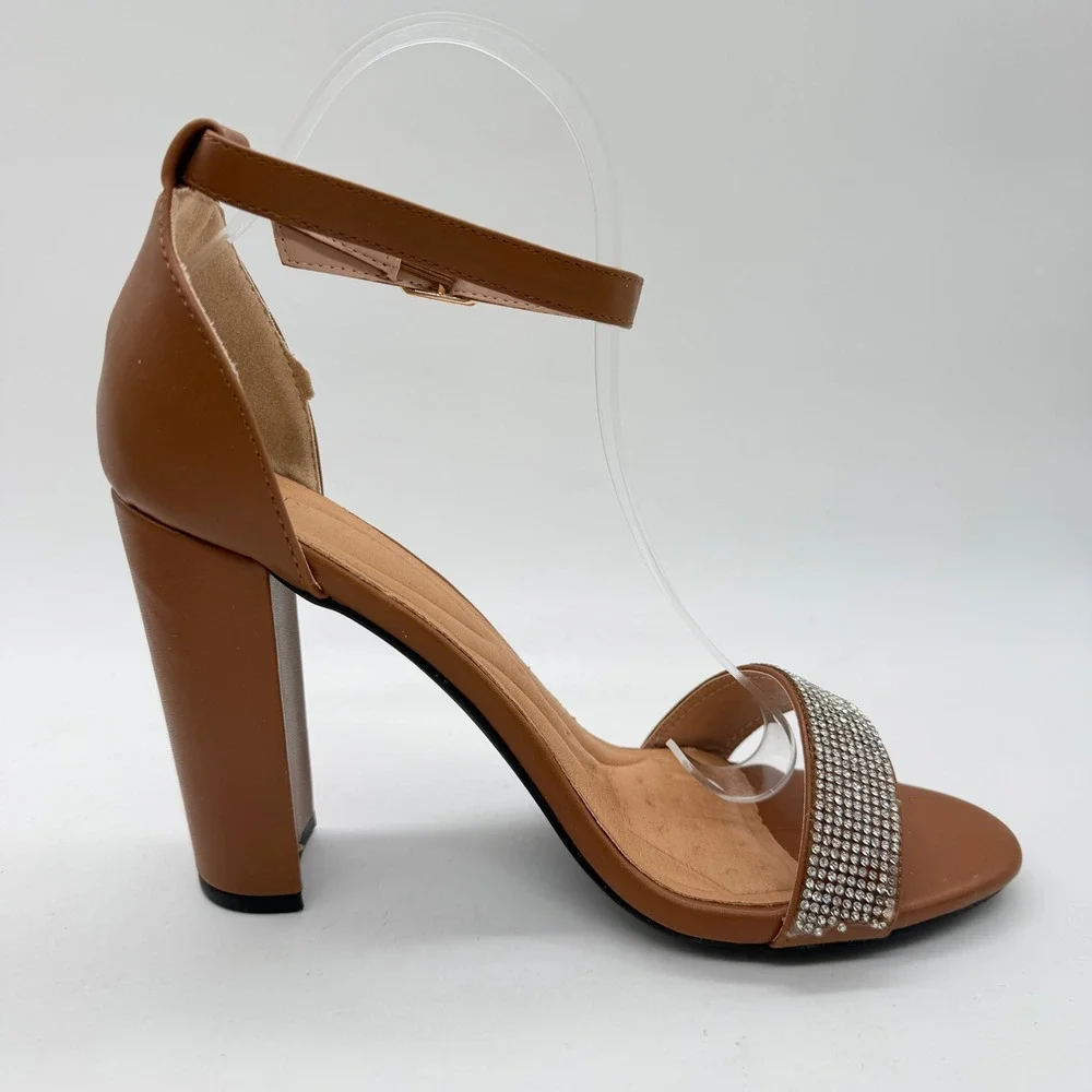 Womens Cognac Brown Rhinestone Ankle Strap Block Heel Sandals Size 9 Dressy
